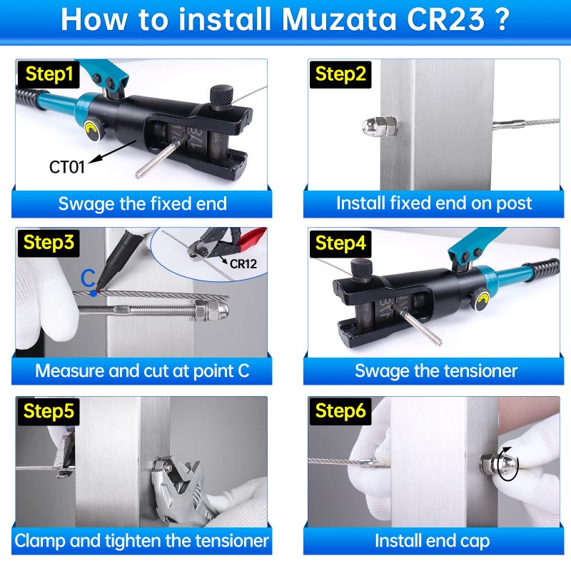 Muzata 50 Pack 1/8" Cable Railing Hardware Kit Hand Swage Threaded Stud Tensioner for 2x2 Metal Post T316 Stainless Steel Deck Cable Railing System CR23 - Image 4